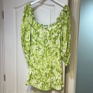 Faithfull the Brand Green and White Puff Sleeve Mini Dress